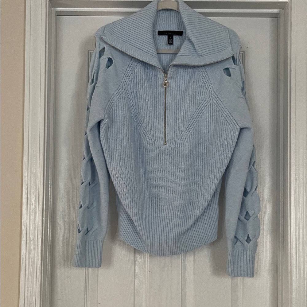 White House Black Market Light Blue 1/2 Zip Sweater w/ Cutout Sleeve Detail